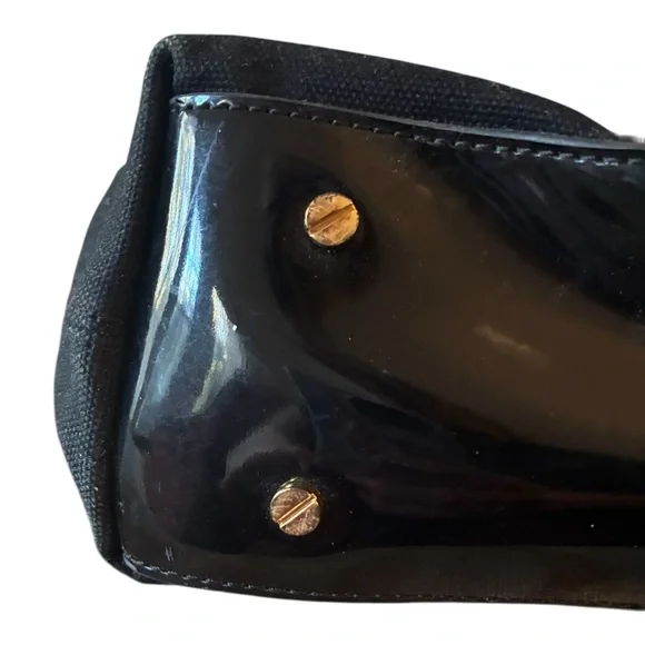 TORY BURCH Large Logo Charm Tote Black Canvas Patent Leather EUC - Picture 8 of 10